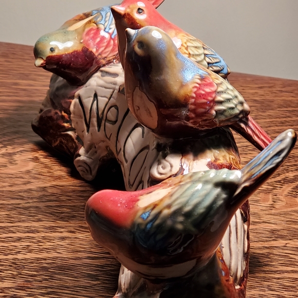 Sweet Woodsy Ceramic Welcome Sign Birds Drip Glaze Mantle Decor - Picture 5 of 8